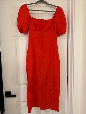 Red Puff-Sleeve Midi Dress with Square Neck